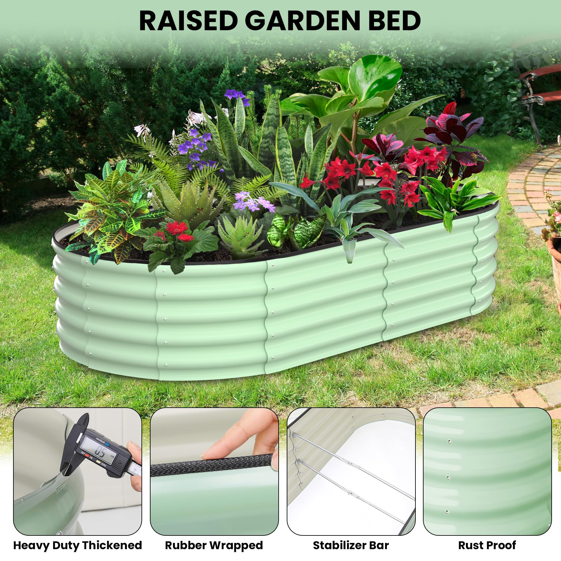 Garvee 2-Pack 6'x3'x1' Oval Galvanized Raised Garden Beds - Open Base, Large Metal Planter Boxes for Vegetables & Flowers, Tool-Free Assembly, Green