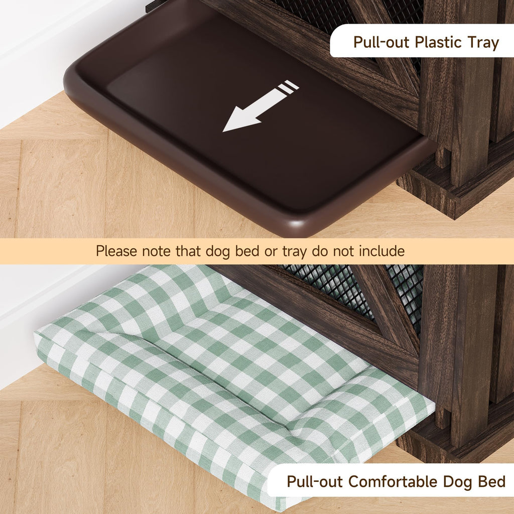 Garvee Dog Crate Furniture, 71" Heavy Duty Dog Kennel Furniture with 3 Storages and Removable Divider, Furniture Style Double Dog Crate Table Indoor TV Stand for Large Medium Dogs, Dark Walnut