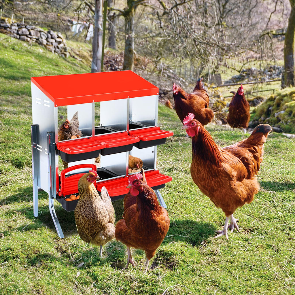 Garvee Nesting Boxes for Chickens, 6 Compartment Roll Away Nesting Box with Egg Collection, Perch, Lid Cover for Egg Protection, Wall Mount/Free Standing Nest Box for Chickens