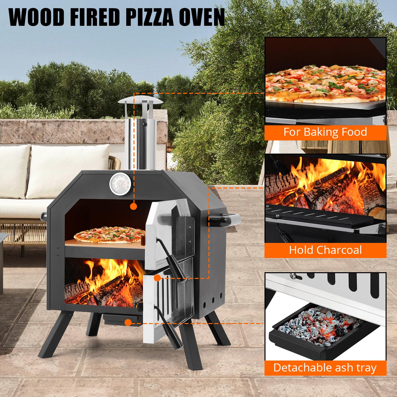 Garvee Wood-Fired Outdoor Pizza Oven, Foldable Legs, 12" Stone, Pizza Peel, Waterproof Cover for Camping, Backyard BBQ, and Parties