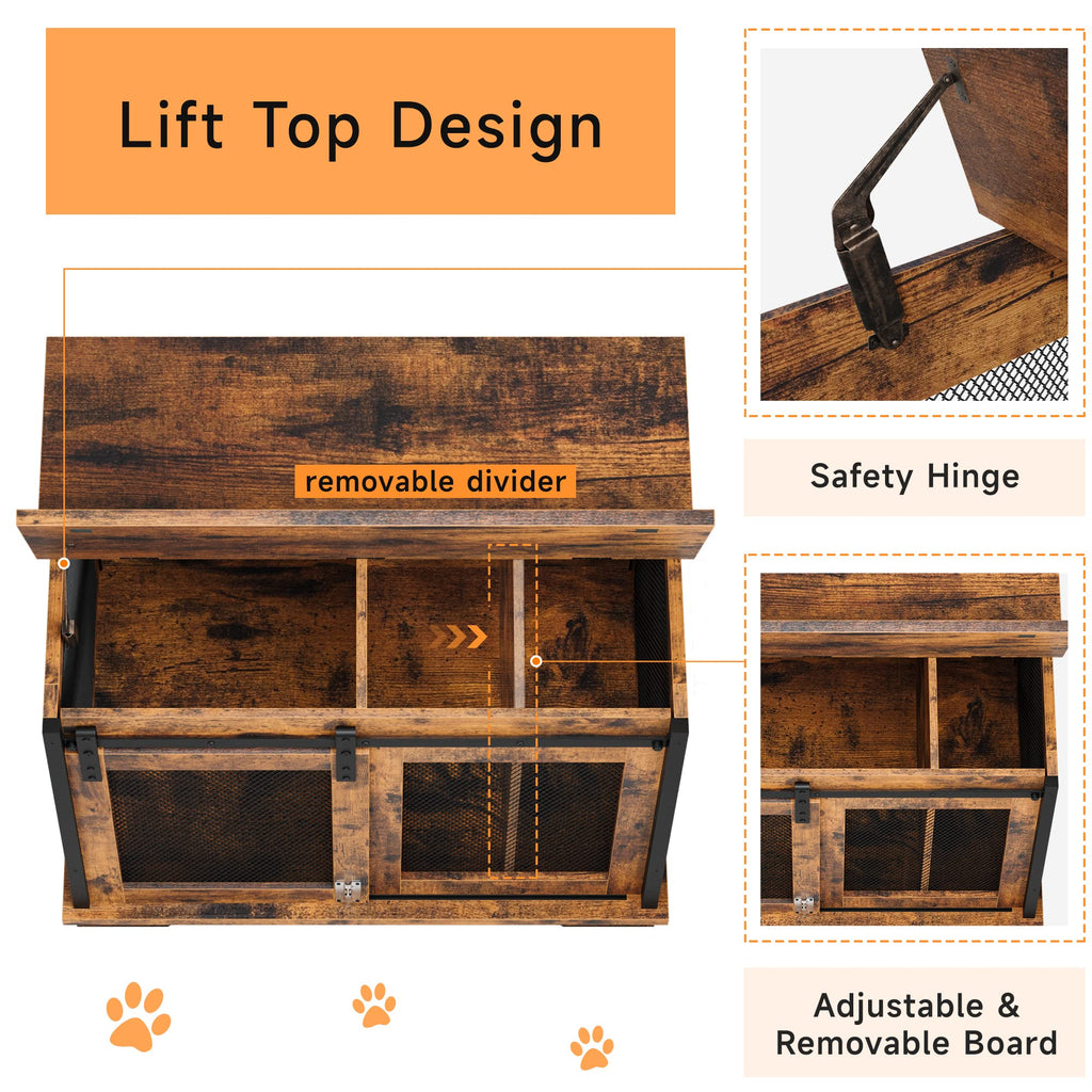 Garvee 37'' Dog Crate Furniture Side End Table with Flip Top and Movable Divider, Wooden Dog Crate Table Large, Style Dog Kennel Side End Table - Rustic Brown