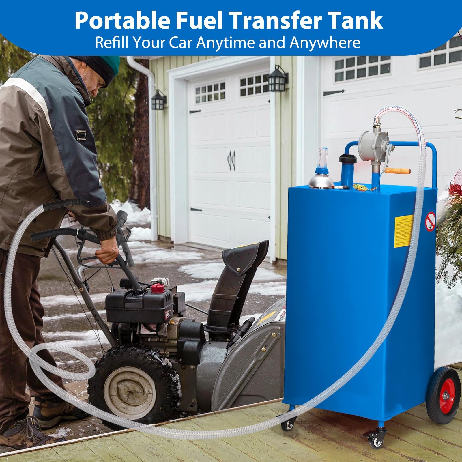 Garvee 35 Gallon Fuel Caddy with Manual Transfer Pump, Heavy-Duty Stainless Steel, 4-Wheel Mobile Design for Gasoline & Diesel, Portable, Durable, Blue