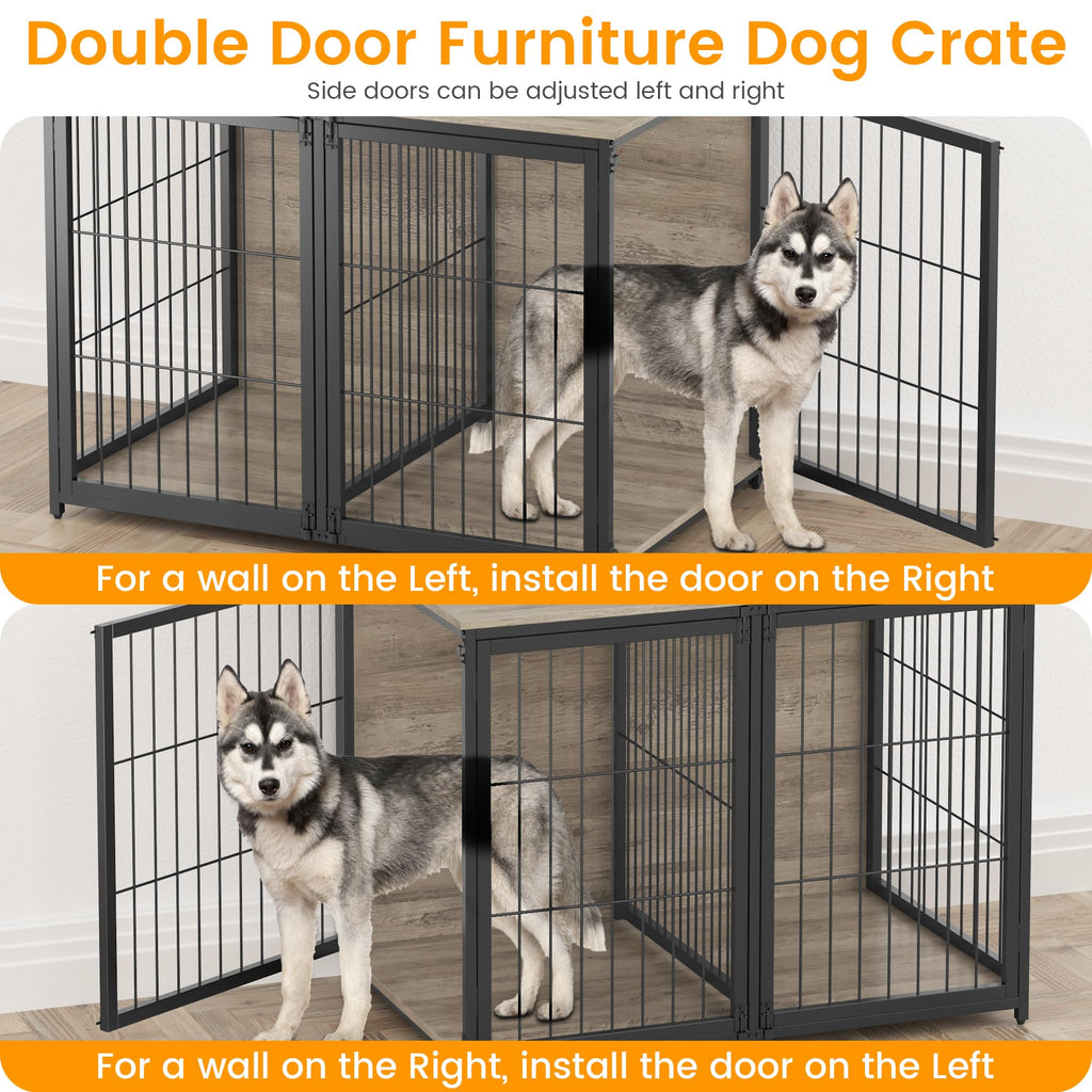 Garvee Wooden Dog Crate Furniture End Table with Flip Top and Movable Divider, 42.5 Inch Dog Cage with Storage Shelves, Large Dog Kennel Indoor Furniture with 3 Doors, Grey