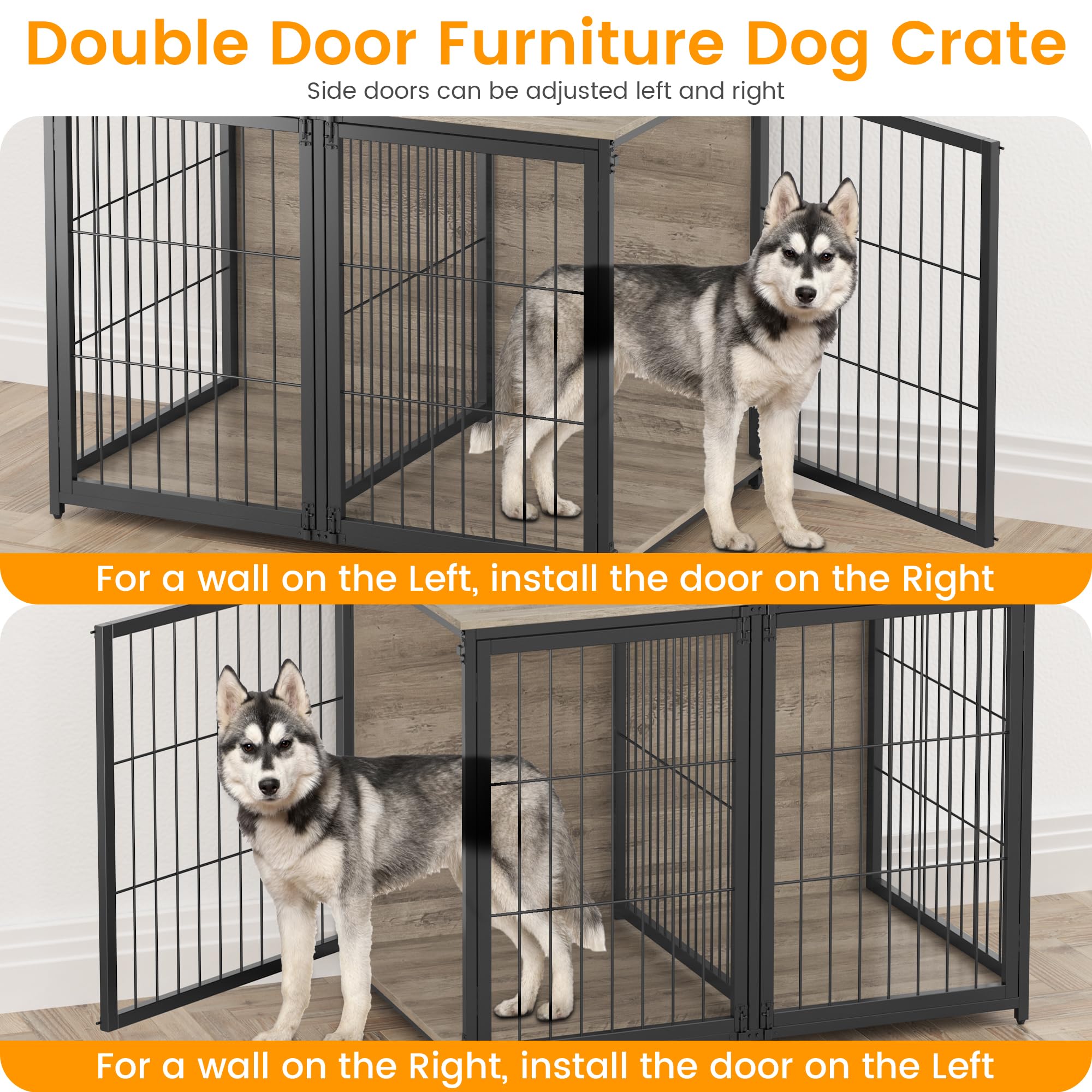 Garvee Wooden Dog Crate Furniture End Table with Flip Top and Movable Divider, 42.5 Inch Dog Cage with Storage Shelves, Large Dog Kennel Indoor Furniture with 3 Doors, Grey