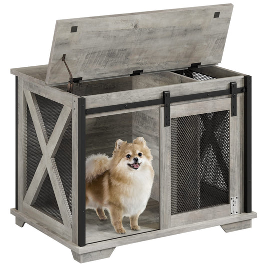 Garvee 37" Dog Crate Furniture Side End Table with Flip Top and Movable Divider, Wooden Dog Crate Table Large, Style Dog Kennel Side End Table, Gray