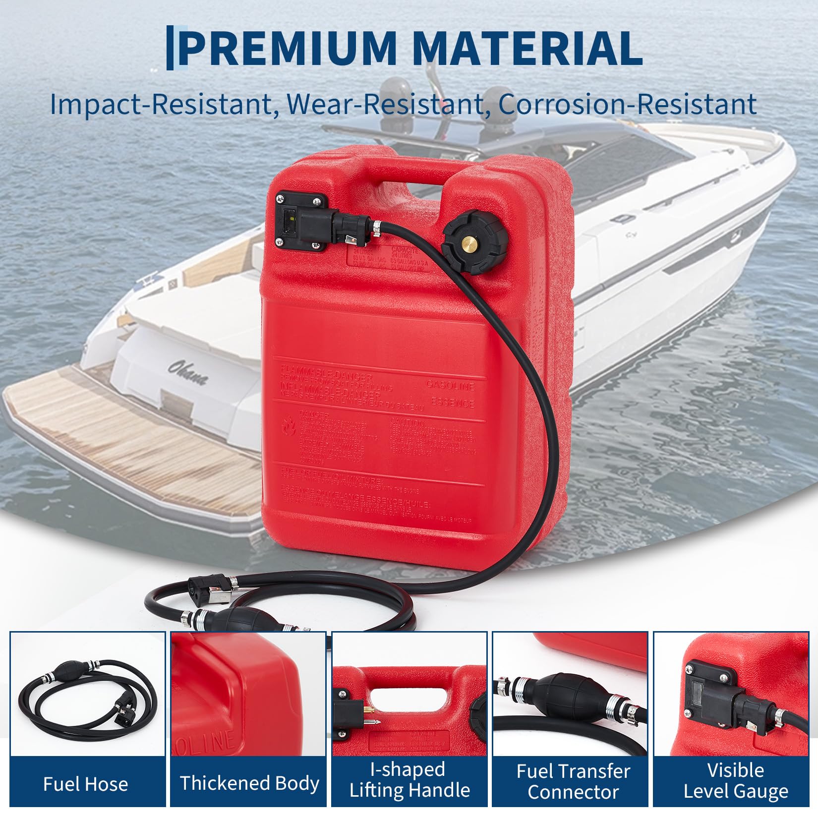 Garvee 6 Gallon Portable Boat Fuel Gas Tank, 24L Marine Tank with I-Shaped Handle, Connector, Line for Boats, Kayaks & Outboard Engines, Compact Design, Durable HDPE Material, Red