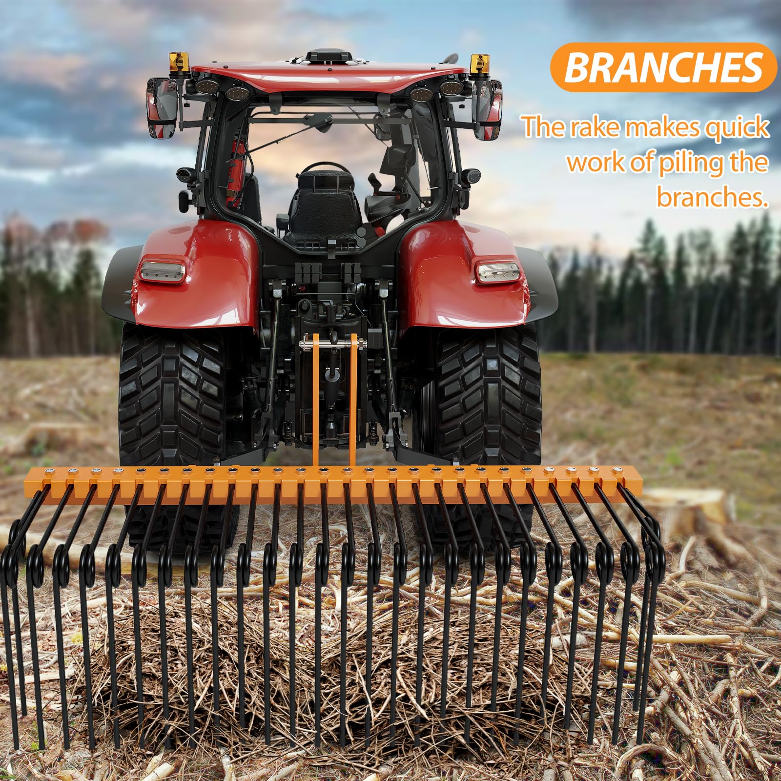 Garvee 60 Inches Pine Straw Needle Rake, 8mm 26pcs Coil Spring Tines, Durable Powder Coated 3 Point Straw Rake,Steel Spring Landscape Rake Fit for Cat1 Tractors - Orange+Black