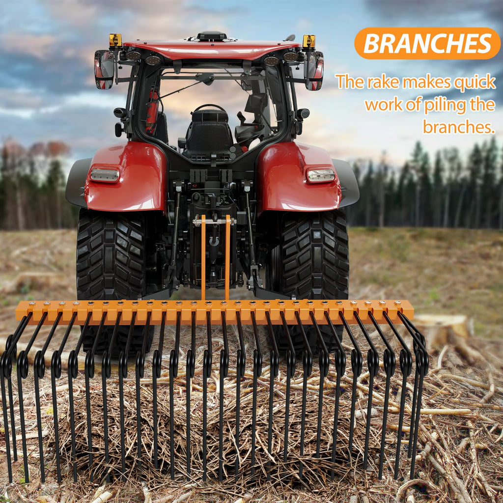 Garvee 72 Inch 6FT Pine Straw Needle Rake, 8mm 30pcs Coil Spring Tines, 3 Point Straw Rake, Durable Powder Coated Steel Spring Landscape Rake Fit for Cat1 Tractors - Orange+Black