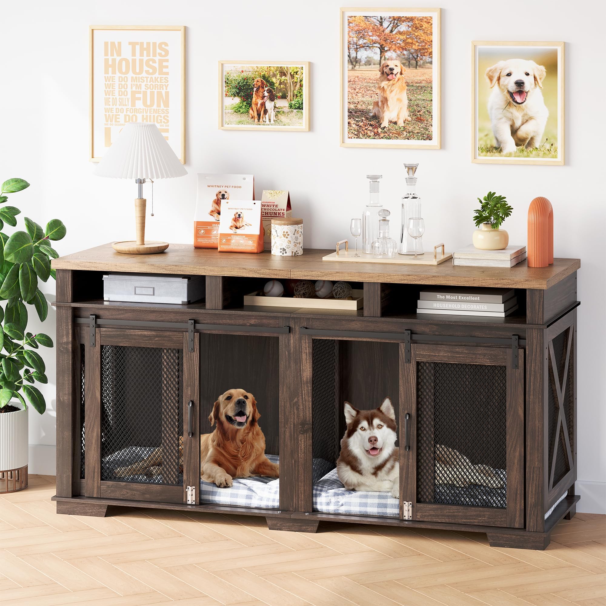Garvee Dog Crate Furniture, 71" Heavy Duty Dog Kennel Furniture with 3 Storages and Removable Divider, Furniture Style Double Dog Crate Table Indoor TV Stand for Large Medium Dogs, Dark Walnut