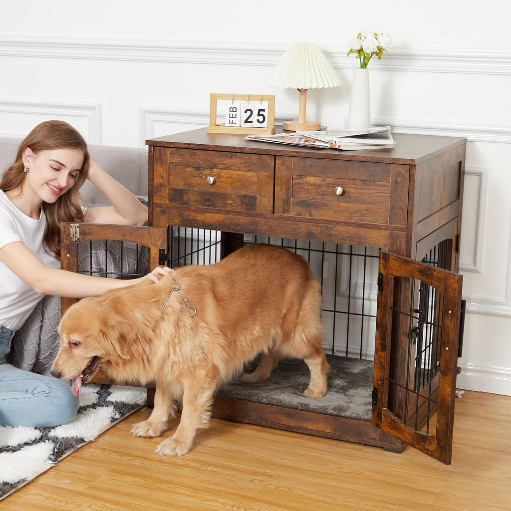 Garvee Dog Crate Furniture with Cushion, Wooden Dog Crate Table with 2 Drawers, Indoor 3-Doors Dog Kennel Furniture, Dog Cage Side End Table, Brown 39.4" L