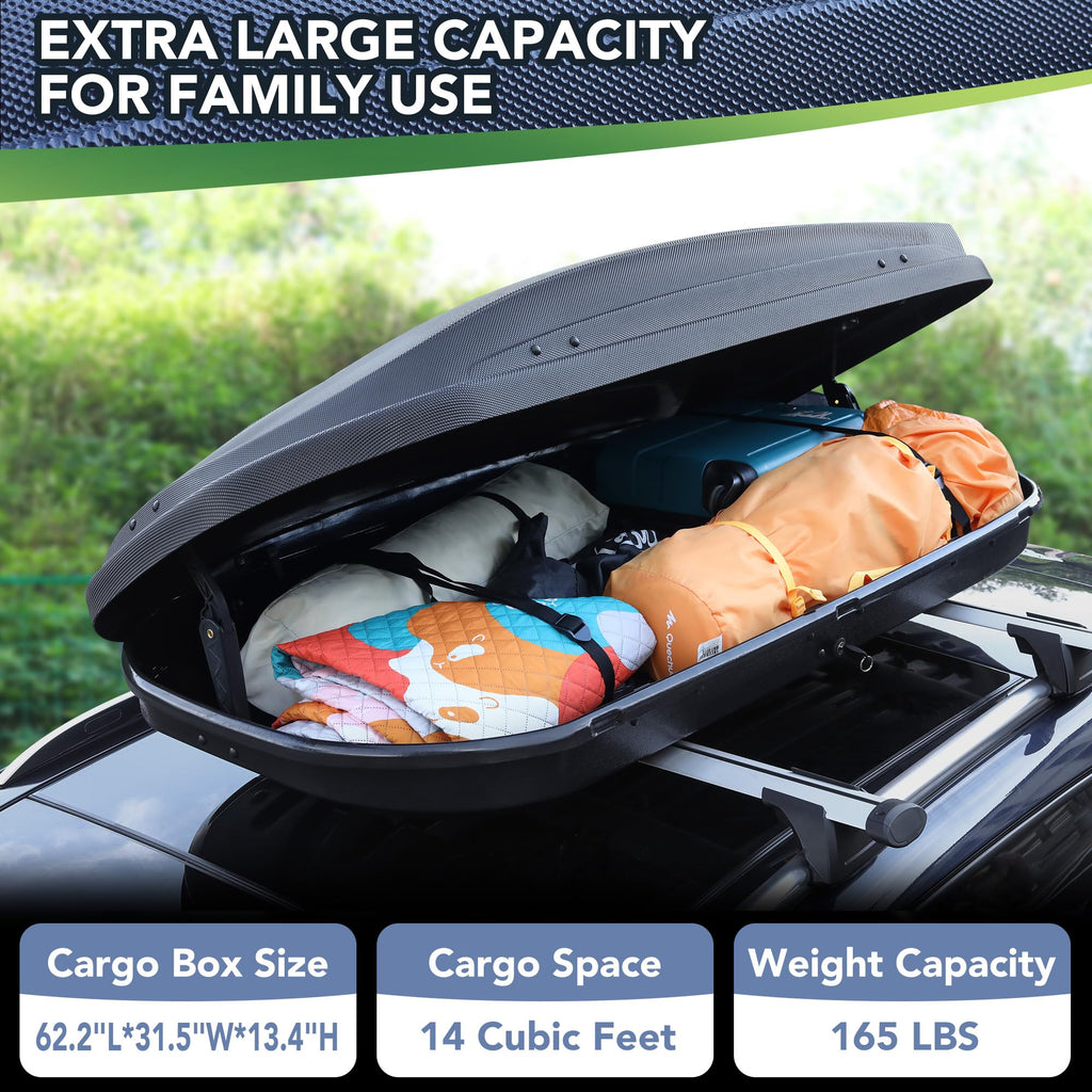 Garvee Rooftop Cargo Box Carrier, 14 Cu Ft Hardshell with Dual-Side Opening, Universal Fit for Cars & SUVs, Black
