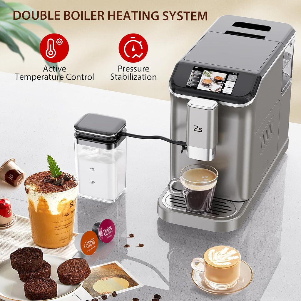 Garvee 20 - Bar Fully Automatic Espresso Machine - Touch Screen, Built - in Frother, Milk Container (Grey)
