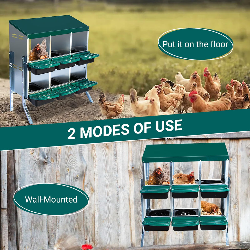 Garvee Nesting Boxes for Chickens, 6 Compartment Roll Away Nesting Box with Egg Collection, Perch, Lid Cover for Egg Protection, Wall Mount/Free Standing Nest Box for Chickens