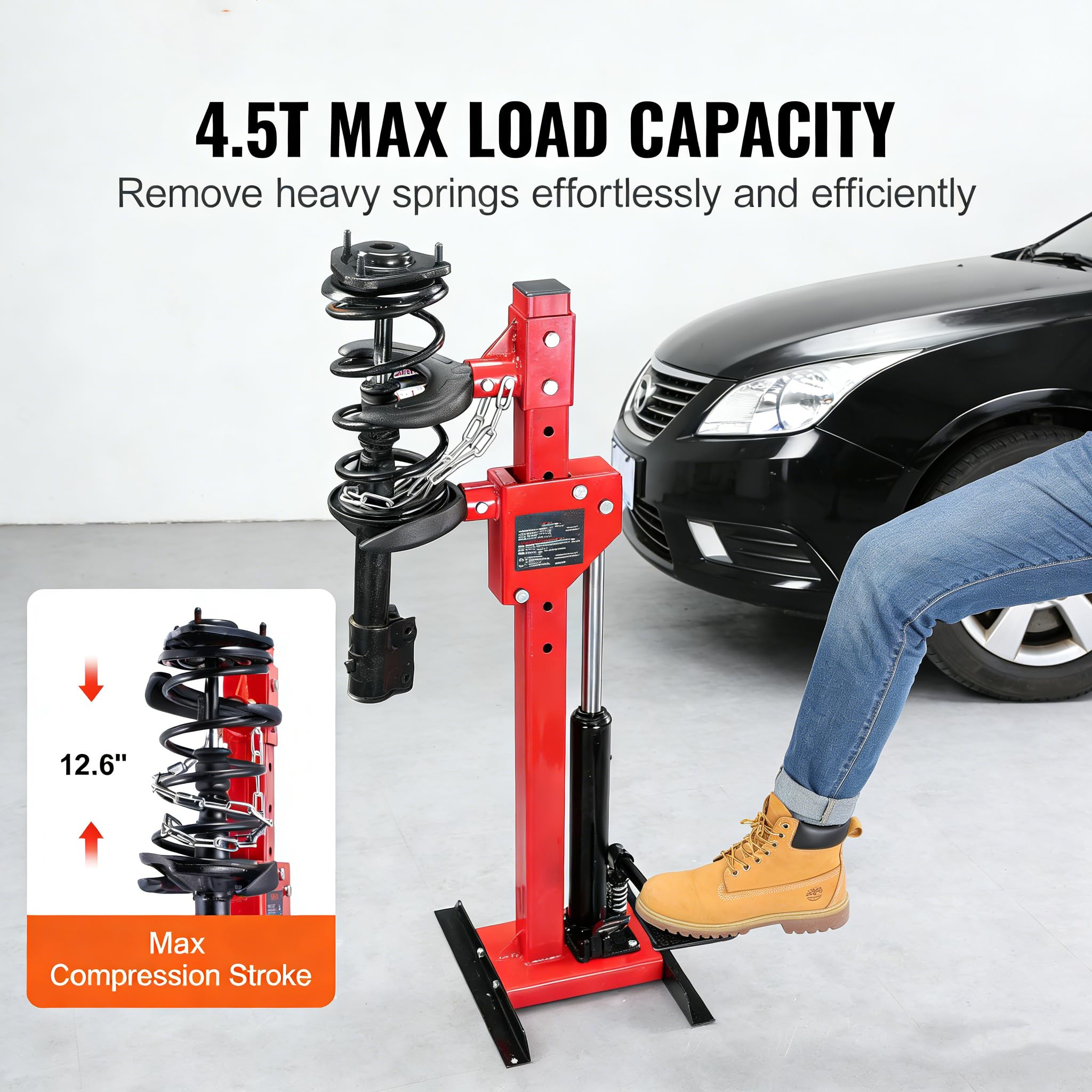 Garvee Hydraulic Spring Compressor, Heavy-Duty Foot-Operated Coil Compression Tool, 4.5 Ton Capacity, 1 Ton Rated Compression Force，Universal Fit for Cars, SUVs, and Trucks, Red