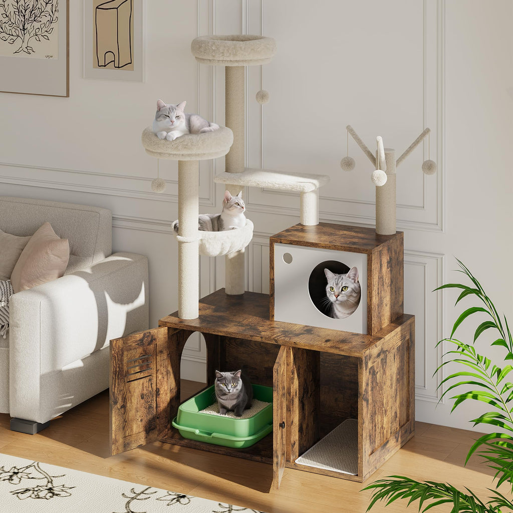Garvee Cat Tree with Litter Box Enclosure, Sisal Scratching Post, Modern Wooden Cat Tower, Rustic Brown, Compact 31.5''x18.9''