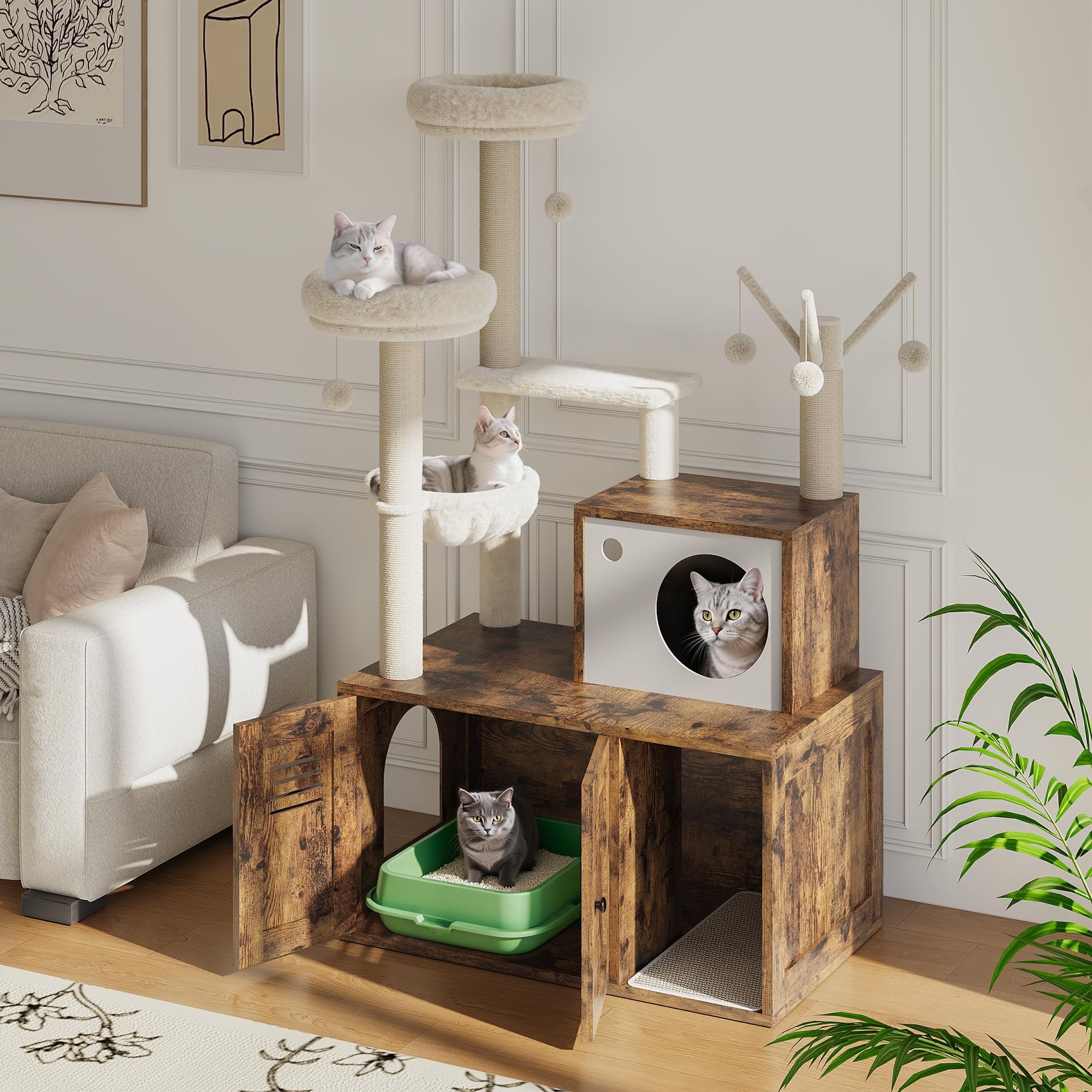Garvee Cat Tree with Litter Box Enclosure, Sisal Scratching Post, Modern Wooden Cat Tower, Rustic Brown, Compact 31.5''x18.9''