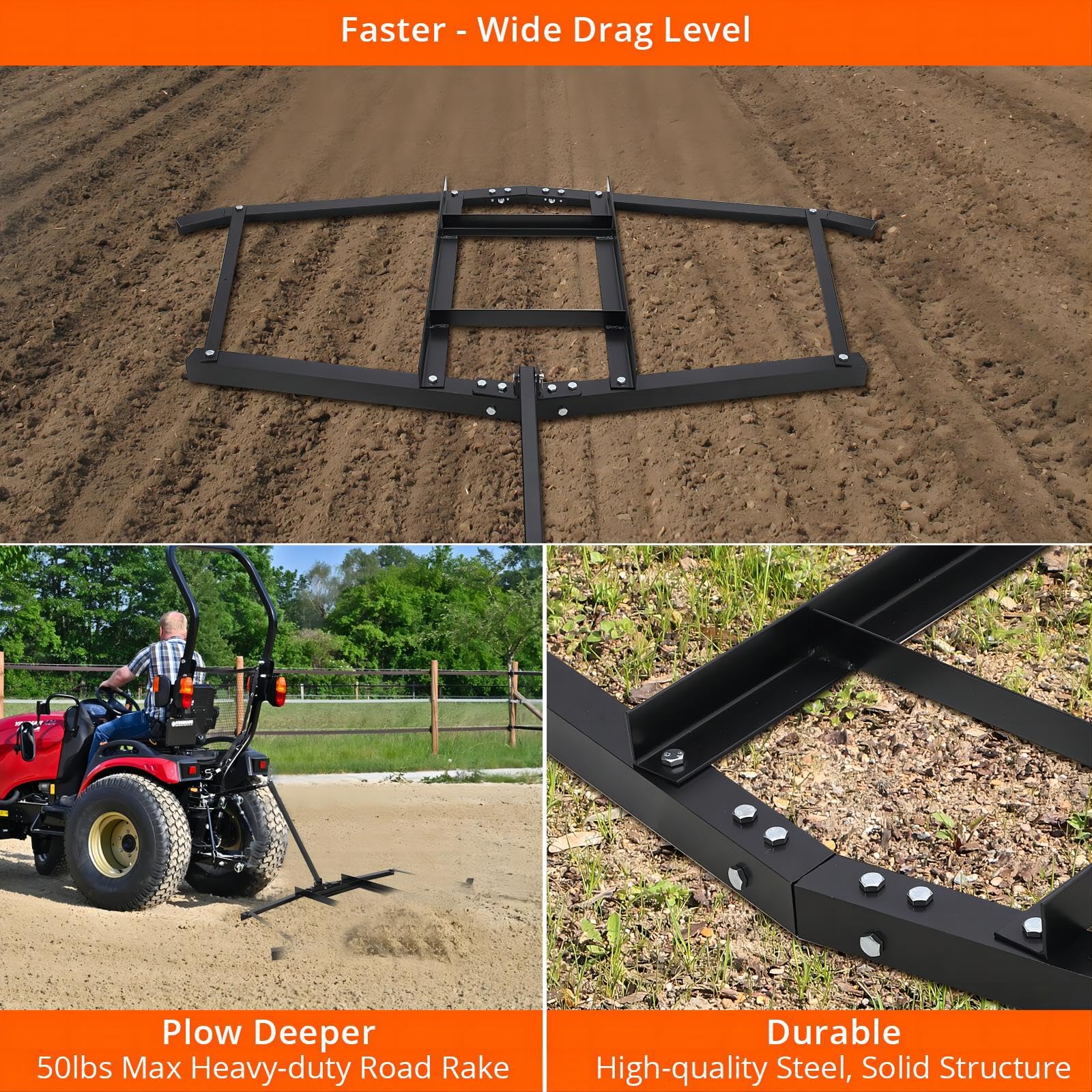 Garvee 66" Heavy Duty Steel Driveway Drag Grader, Wide Level Spreader for ATV, UTV, Lawn Tractors, Hay Fields, Gravel, Soil, Topdressing
