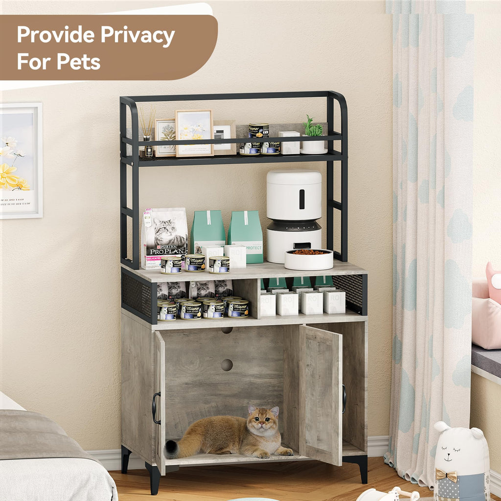 Garvee Cat Litter Box Enclosure, 3 Shelves, Modern Style, Hidden Litter Box Furniture with Storage and Doors, Grey