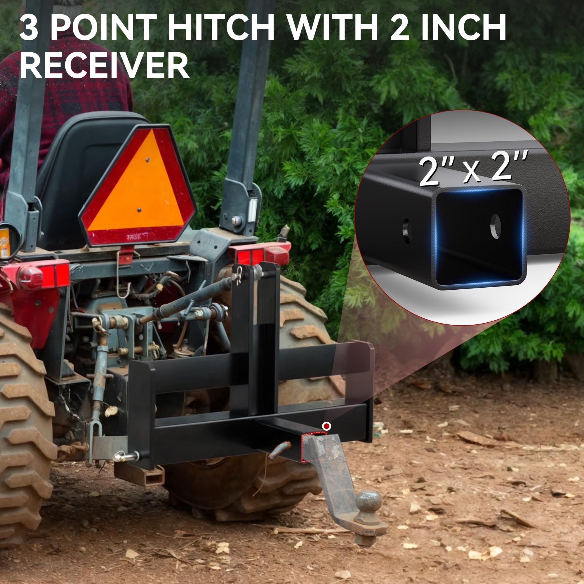 Garvee 3 Point 2" Square Trailer Hitch Receiver Heavy-Duty Steel Black Powder Coated Compatible With Kubota, Mahindra, Ford, Yanmar, John Deere, Massey Ferguson, New Holland