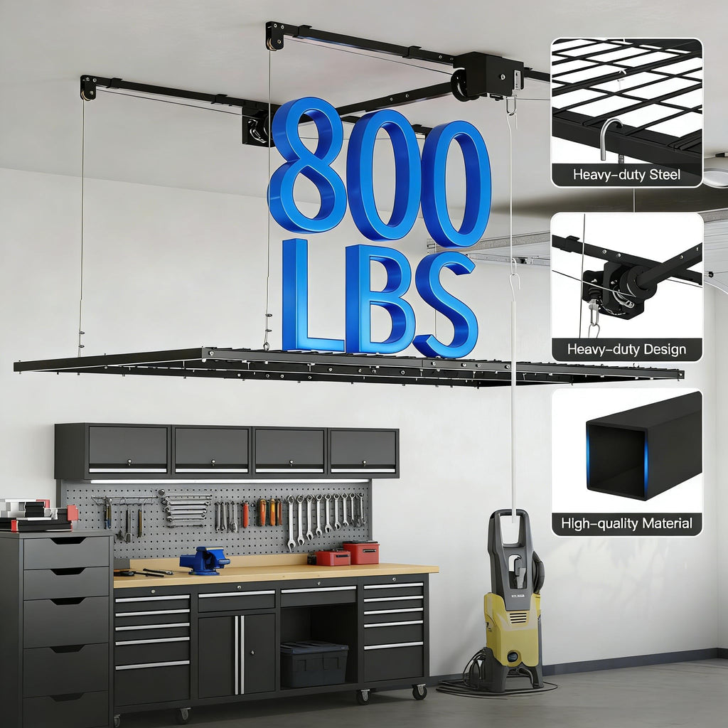 Garvee 4x8 FT Overhead Garage Lifting Storage Rack, Heavy-Duty Metal, Adjustable, Safety Lock, Black