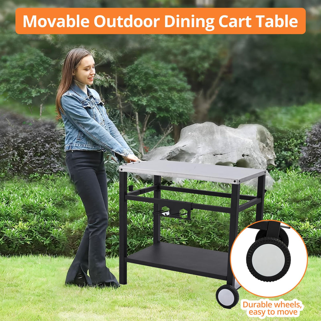 Garvee Outdoor Grill Cart with Wheels & Hooks for Pizza Oven – Portable Stainless Steel Utility Table, Prep Station, Silver