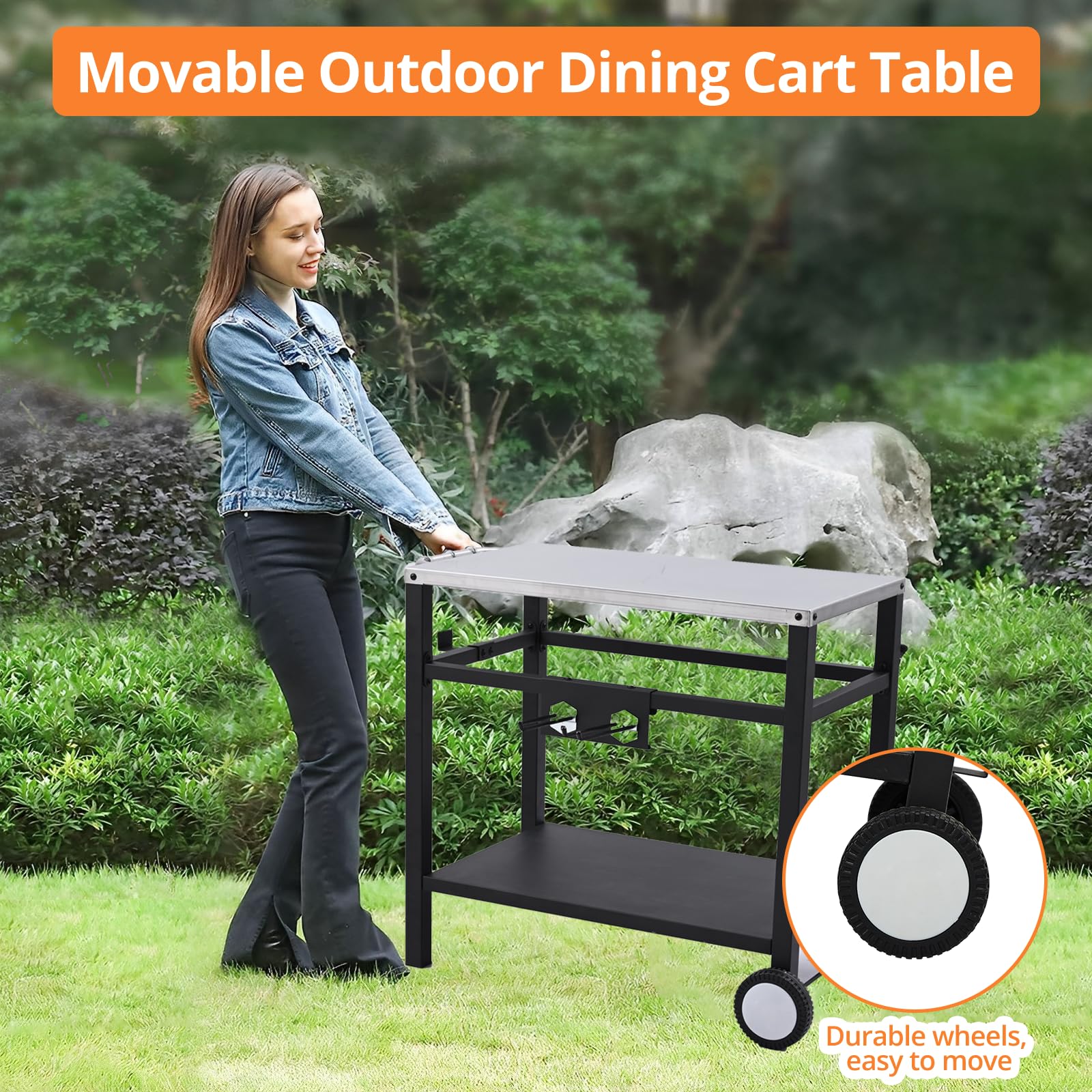 Garvee Outdoor Grill Cart with Wheels & Hooks for Pizza Oven – Portable Stainless Steel Utility Table, Prep Station, Silver