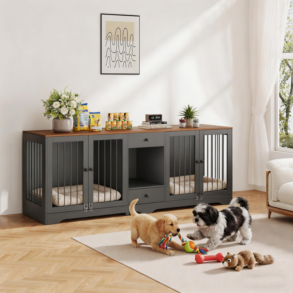 Garvee Dog Crate Furniture 83'' Indoor Dog Kennel with 4 Lockable Doors and 2 Drawers for Medium and Large Dogs, Black, Multi-Functional