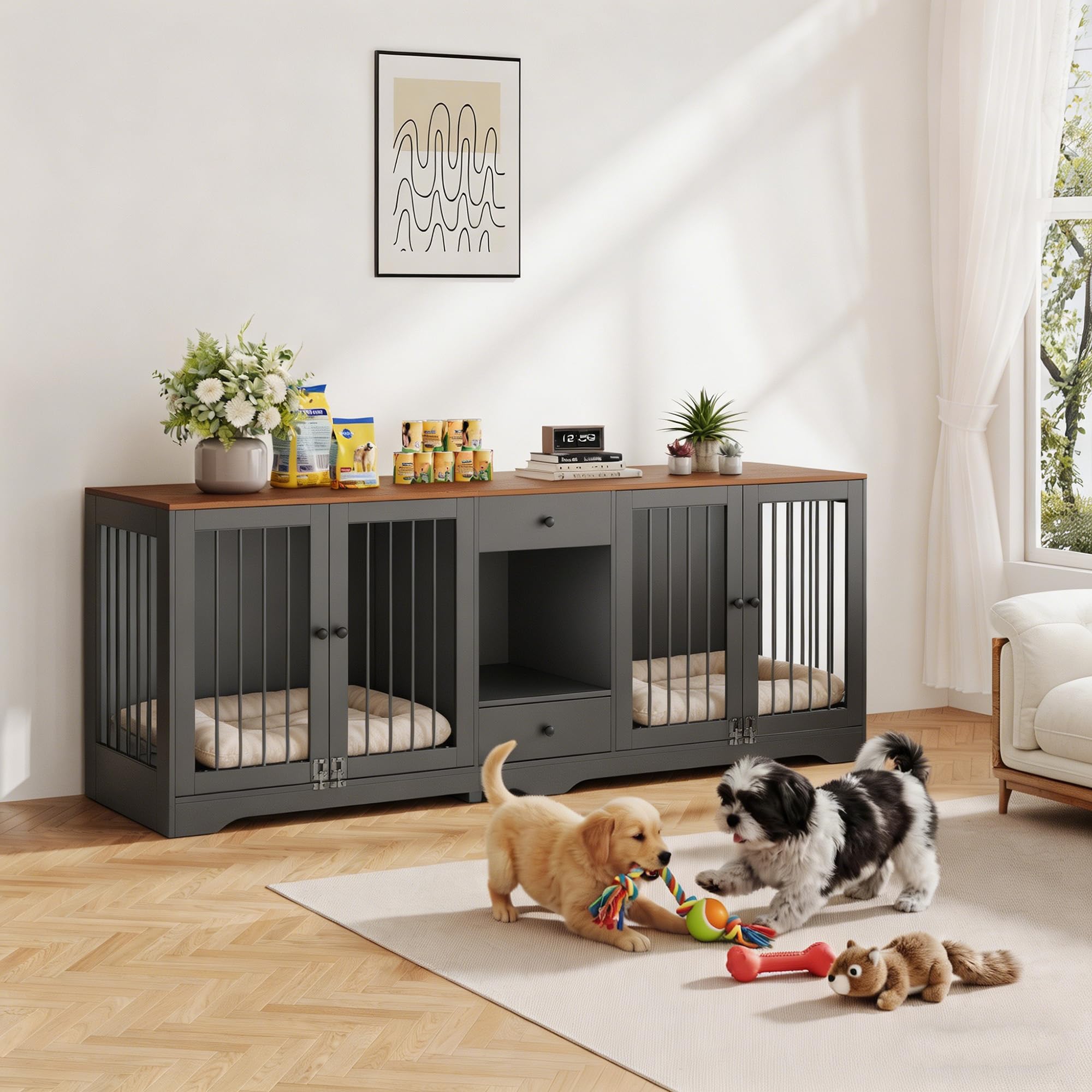 Garvee Dog Crate Furniture 83'' Indoor Dog Kennel with 4 Lockable Doors and 2 Drawers for Medium and Large Dogs, Black, Multi-Functional