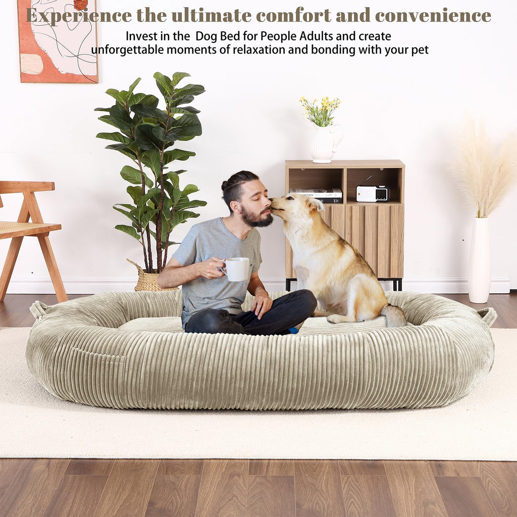 Garvee Dog Bed for Adult, Human Size Giant Dog Bed for Men and Women, 71”x48”x14” Human Dog Lazy Sofa Bed for People and Pets, Washable Strip Flannel Nap Bed Adult Oval, Human-Sized Dog Bed,Khaki