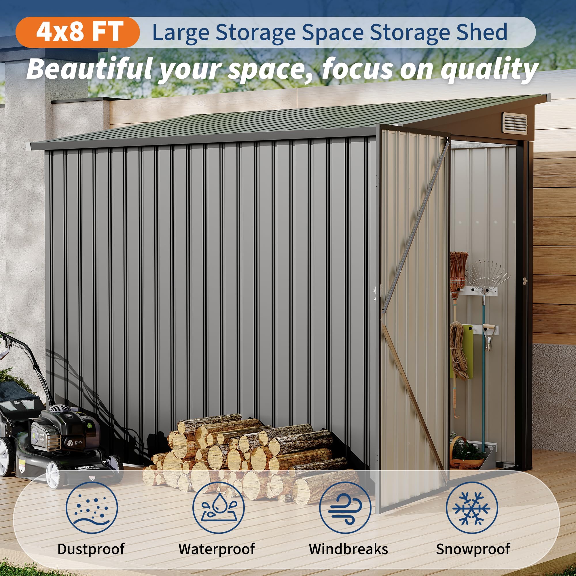 Garvee 4x8ft Metal Outdoor Lean-To Storage Shed, Heavy-Duty Garden Utility Tool Shed with Metal Wall Side, Weather-Resistant & Durable