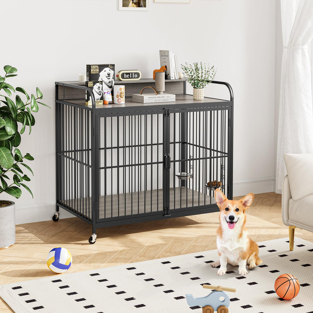 Garvee Dog Crate Furniture, Dog Crate Indoor with Adjustable Height Bowls, Wooden Heavy Duty, 39.8 Inch Dog Kennel Furniture for Medium Dogs, 39.8" L X 22.5" W X 38.6" H,Grey