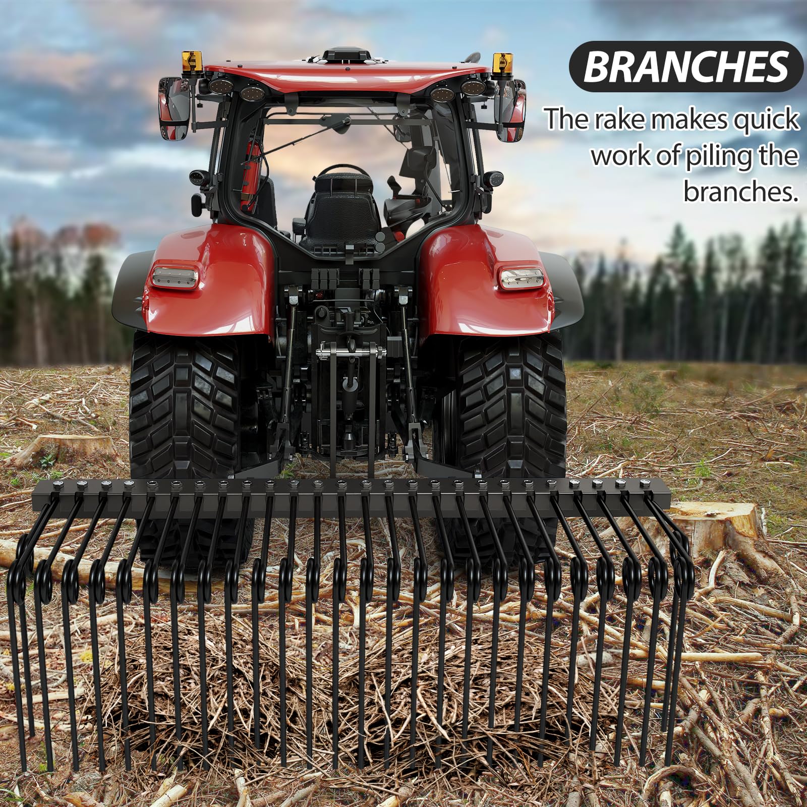 Garvee 60 Inch Pine Straw Needle Rake, 3 Point Landscape Rake, Powder Coated Steel Spring Tow Behind Rake, Tractor Rake Attachments for Leaves Straw Grass Attach to Cat 0 Cat 1, Black