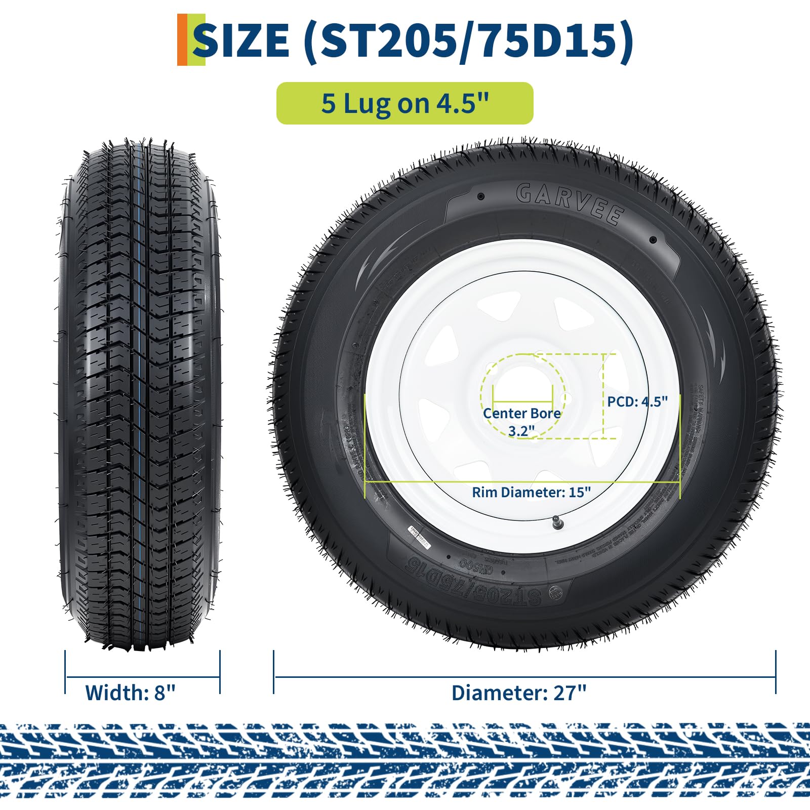 Garvee ST205/75D15 Trailer Tire and Wheel Assembly, Heavy-Duty Load Range C 6PR, 15 Inch White Modular Wheel for Utility Boat Camper Trailers, Set of 2