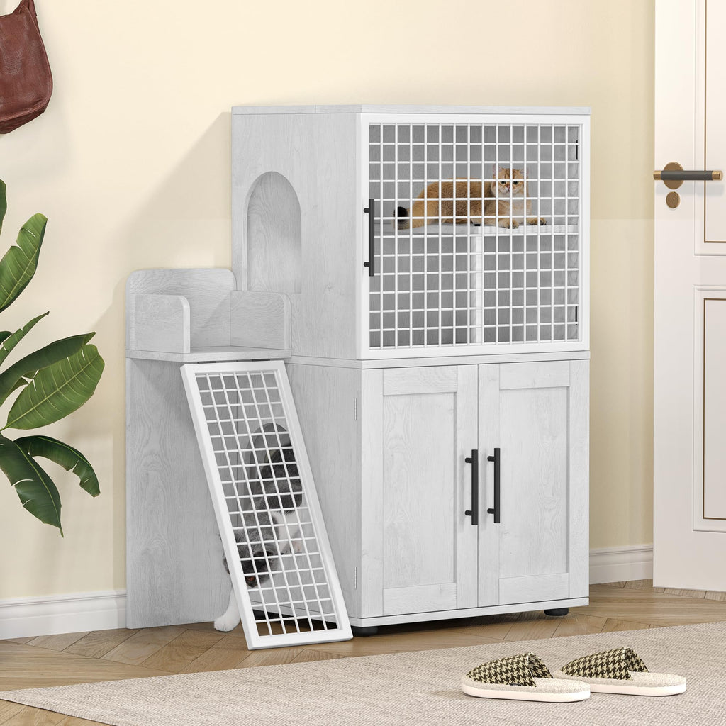 Garvee Villa Cat Litter Box Enclosure, Double Layer, MDF & Iron, Hidden Furniture, Ladder, 33.5" L x 17.9" W x 41.9" H, Antique White