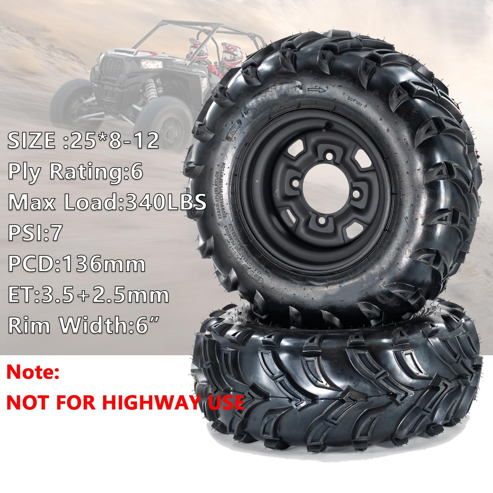 Garvee Set Of 2 25x8-12 ATV Tires With 12" Steel Wheel Rim 4 Bolt, All-Season Off-Road Mud Sand Terrain, Durable Black 6PR UTV Tires