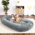 Garvee Dog Bed for Adult, Human Size Giant Dog Bed for Men and Women, 71”x48”x14” Human Dog Lazy Sofa Bed for People and Pets, Washable Strip Flannel Nap Bed Adult Oval, Human-Sized Dog Bed,Light Grey