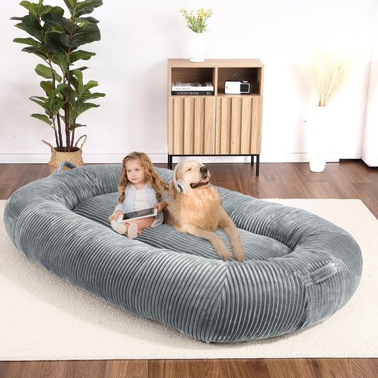 Garvee Dog Bed for Adult, Human Size Giant Dog Bed for Men and Women, 71”x48”x14” Human Dog Lazy Sofa Bed for People and Pets, Washable Strip Flannel Nap Bed Adult Oval, Human-Sized Dog Bed,Light Grey