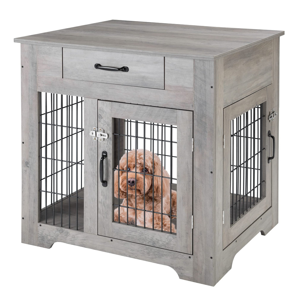 Garvee Wood Look Dog Crate End Table with Drawer, Chew-Proof Metal Fence, Indoor Pet Crate, Grey, Suitable for Small Dogs