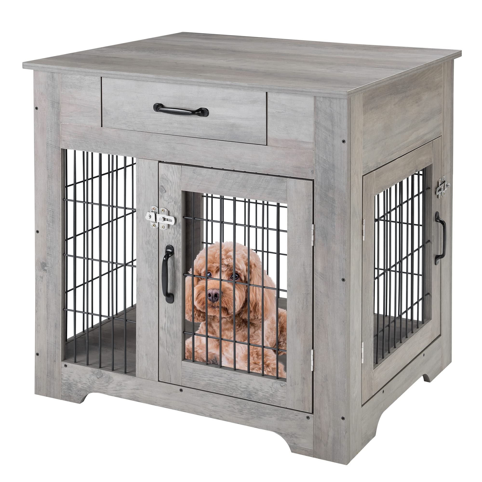 Garvee Wood Look Dog Crate End Table with Drawer, Chew-Proof Metal Fence, Indoor Pet Crate, Grey, Suitable for Small Dogs