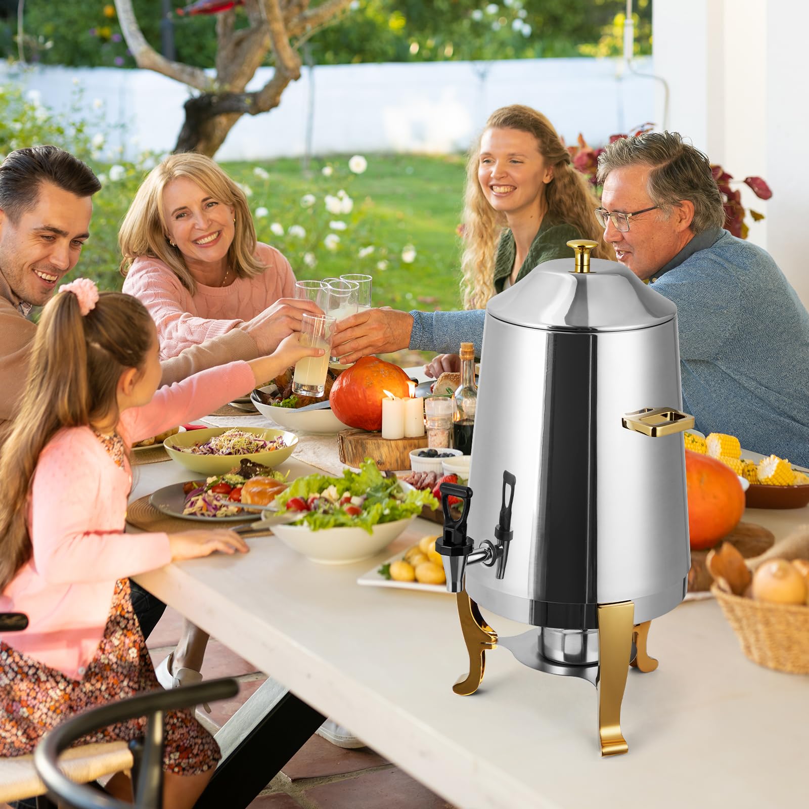 Garvee 3.4 Gallon Stainless Steel Insulated Drink Dispenser with Spigot, Hot & Cold Beverage Dispenser for Coffee, Tea, Water, 13L, Gold