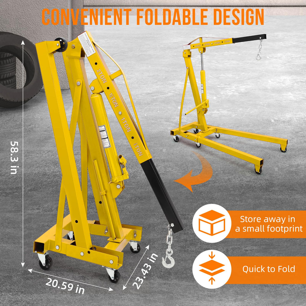 Garvee 2-Ton Engine Hoist with Lever - Heavy-Duty Folding Cherry Picker Engine Lift Hydraulic Shop Crane, 4000 lbs Capacity, Yellow