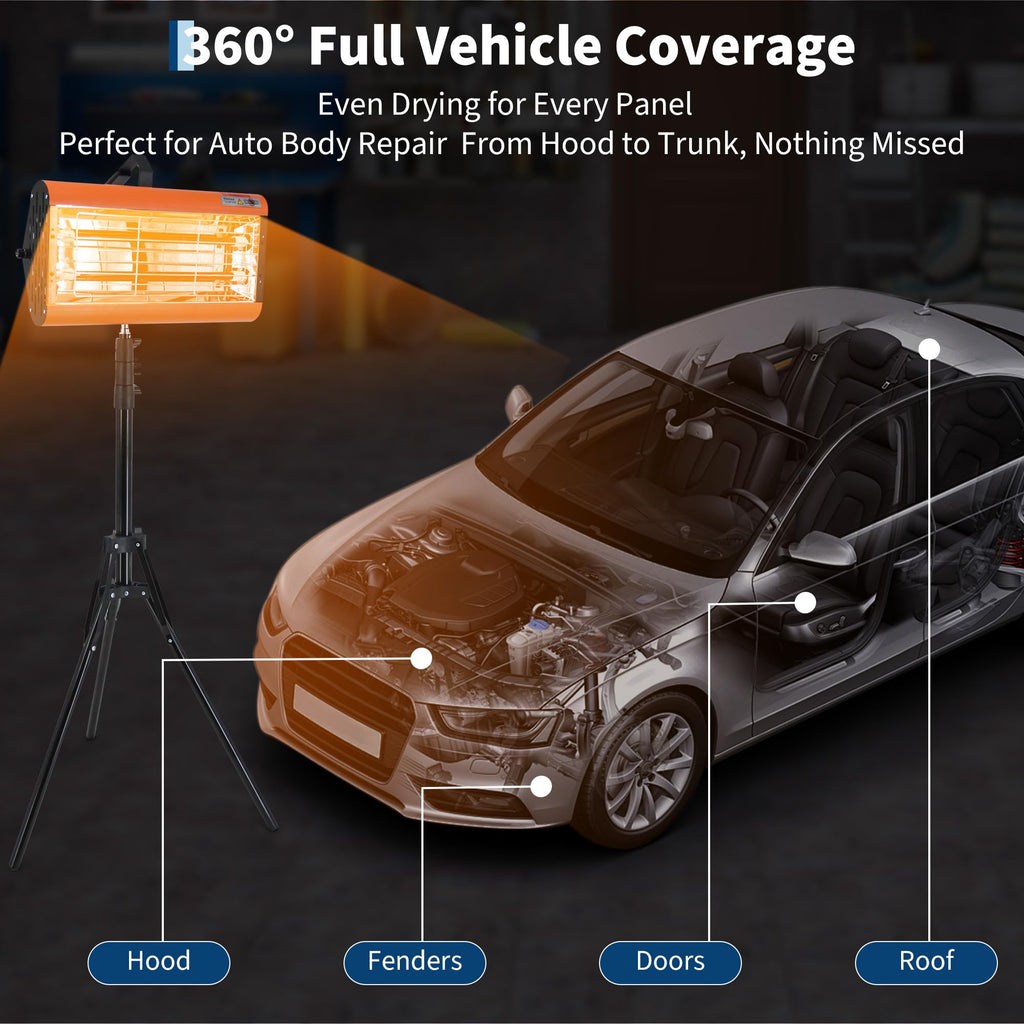 Garvee 2000W Infrared Curing Lamp with Timer & Spray Booth, Handheld/Stand Dual-Use for On-Site Car Paint Repair, Adjustable 0-90 Min, Includes Bracket