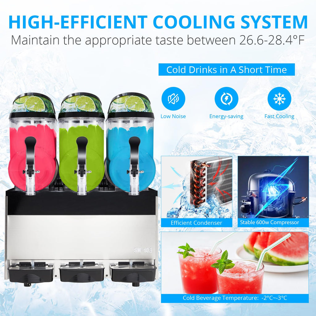 Garvee Commercial Slushy Machine 45L (15L x3) 600W – Stainless Steel & Food-Grade PC Tanks for Restaurants, Bars, Events