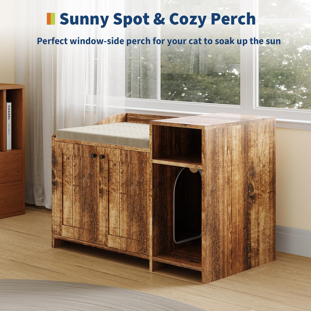 Garvee Cat Litter Box Enclosure Furniture Hidden Litter Box Cabinet Indoor Wooden Cat Washroom Side End Table with Storage Retro Color 33.9in L x 19.7in W x 24.2in H