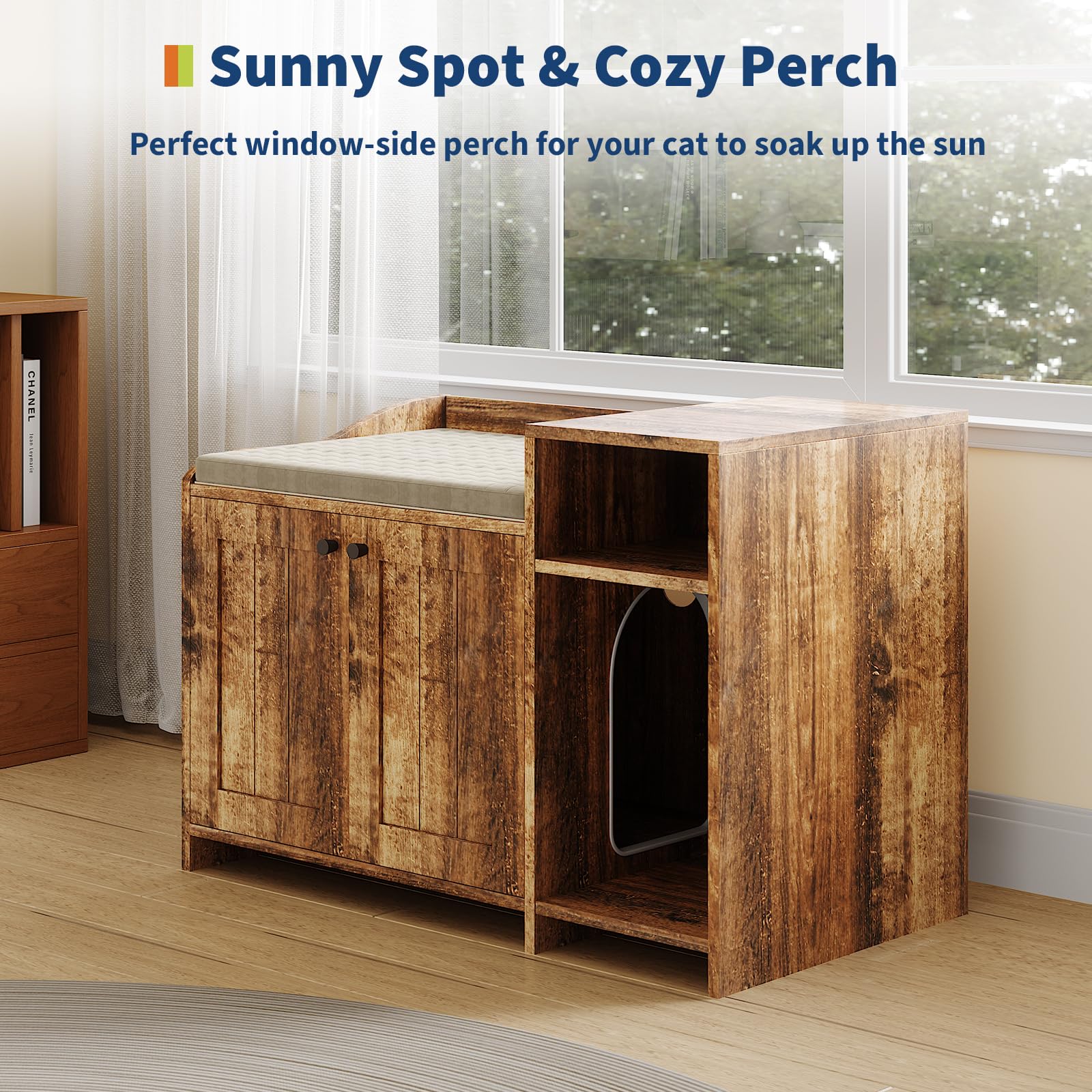 Garvee Cat Litter Box Enclosure Furniture Hidden Litter Box Cabinet Indoor Wooden Cat Washroom Side End Table with Storage Retro Color 33.9in L x 19.7in W x 24.2in H