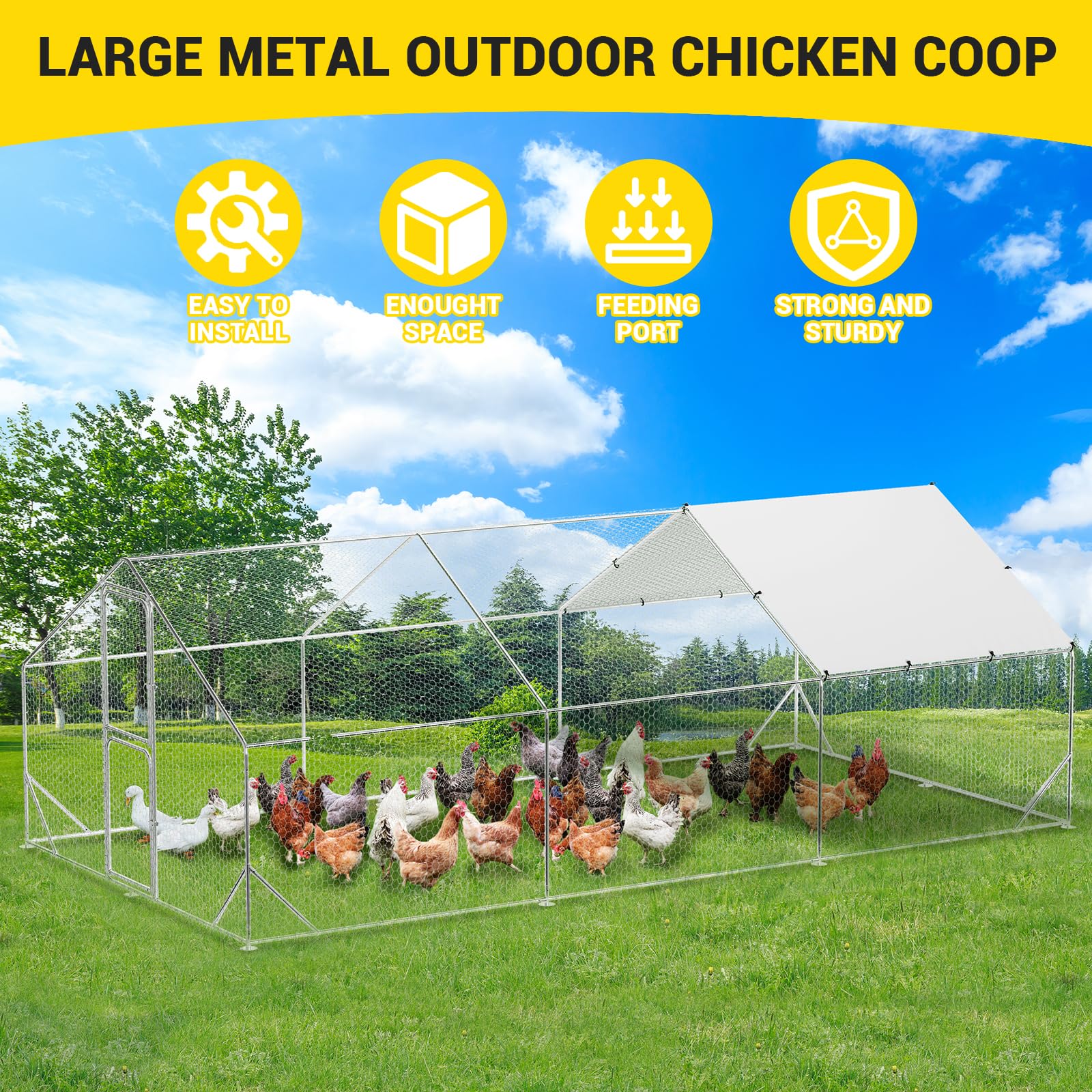 Garvee Large Metal Chicken Coop, Chicken Coop Run with Cover, Large Chicken Run with Double Door, Chicken Pen for Outdoor Farm Yard (19.7'L x 9.8'W x 6.6'H)