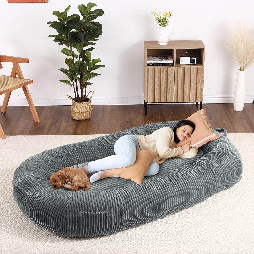 Garvee Dog Bed for Adult, Human Size Giant Dog Bed for Men and Women, 71”x48”x14” Human Dog Lazy Sofa Bed for People and Pets, Washable Strip Flannel Nap Bed Adult Oval, Human-Sized Dog Bed,Light Grey