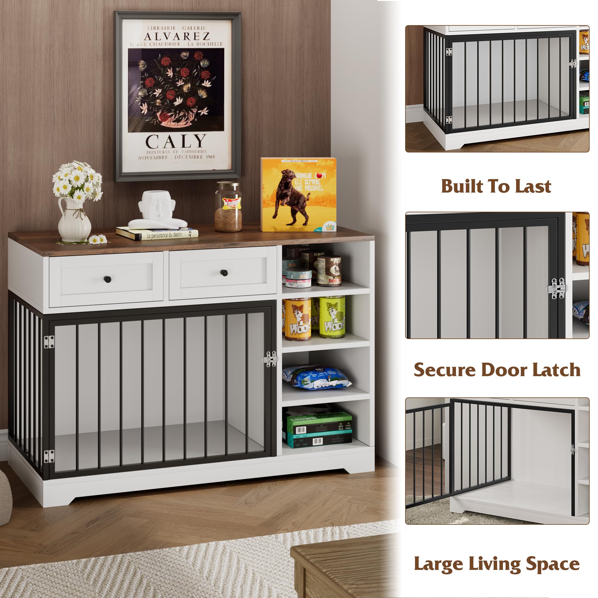 Garvee Large Wooden Dog Crate Furniture with 2 Drawers & 4 Shelves, Heavy Duty, Decorative Indoor Kennel, White