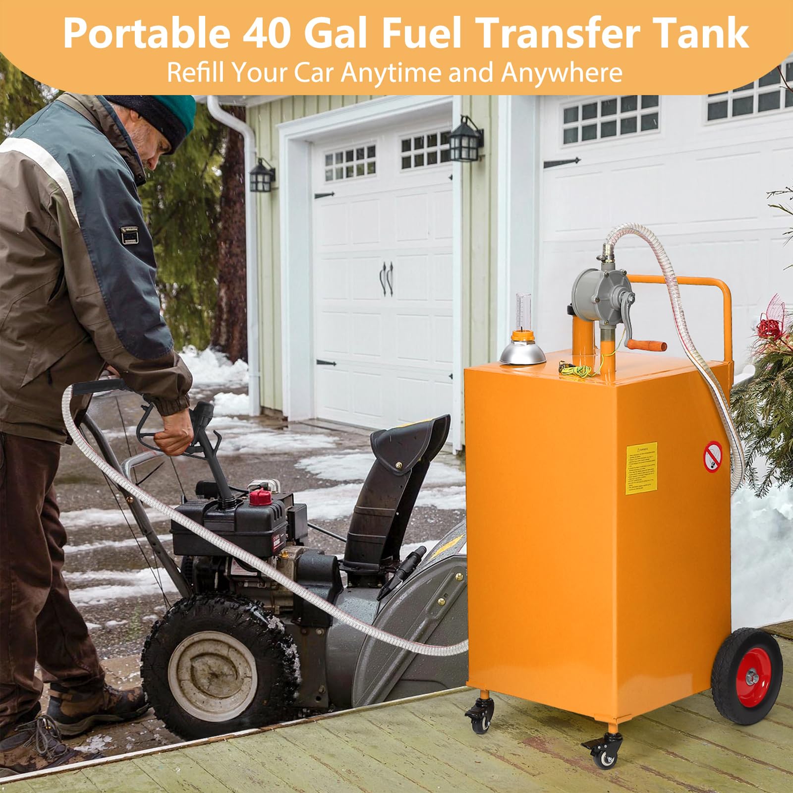Garvee 40 Gal Fuel Caddy with Manual Pump, Heavy Duty Gasoline & Diesel Transfer Tank, Portable Spill-Proof Fuel Container on 4 Wheels for Boat, Truck, ATV, Lawn Mower, Orange