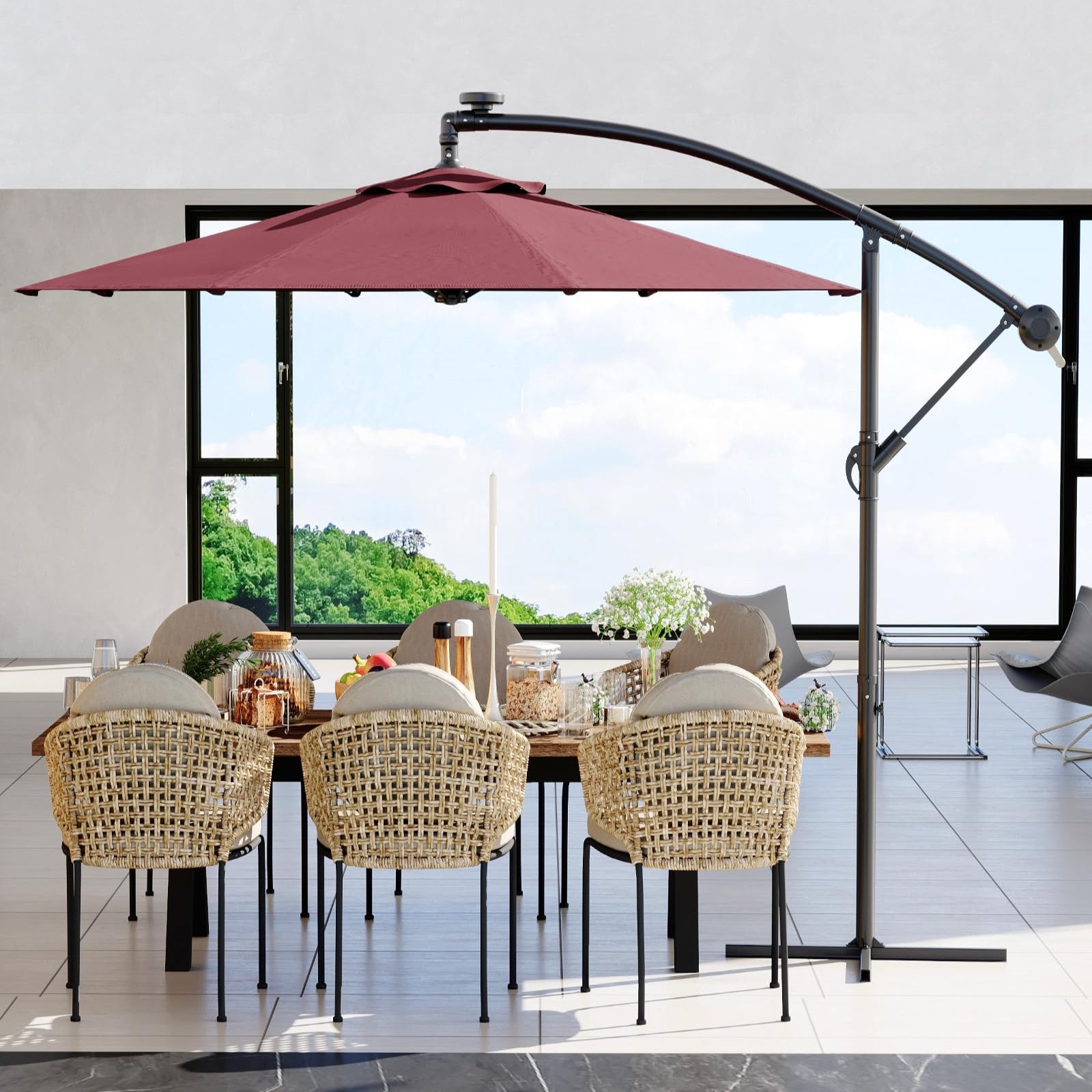 Garvee 10' Cantilever Umbrella with 360 Rotating Base, UV Protection Offset Patio Umbrella 12 Ribs Outdoor Sun Shade with Easy Tilt Adjustment for Backyard, Lawn, Garden, Wine Red